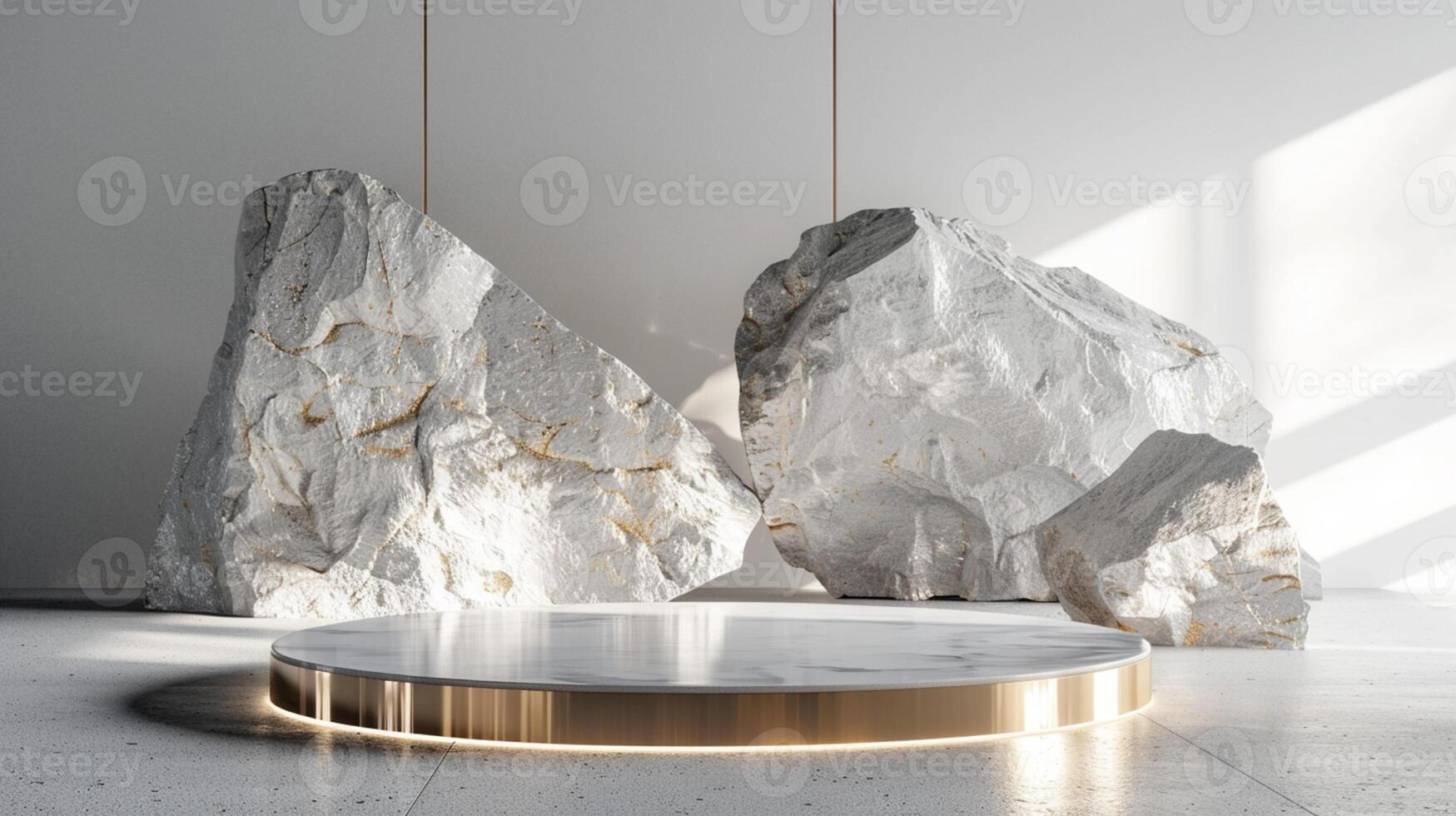 AI generated A white and gold of a nature marble platform surrounded by rocks. The background is geometric Stone and Rock shape, minimalist mockup for podium display showcase, studio room photo