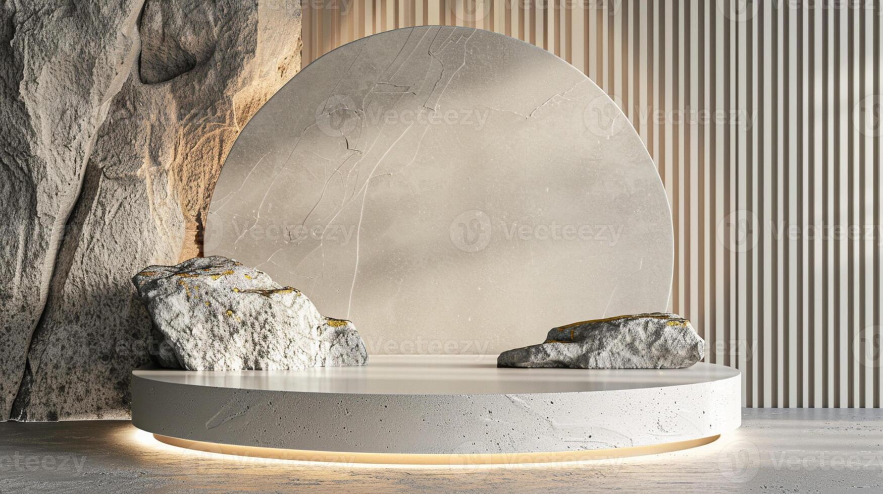 AI generated A white and gold of a nature marble platform surrounded by rocks. The background is geometric Stone and Rock shape, minimalist mockup for podium display showcase, studio room photo