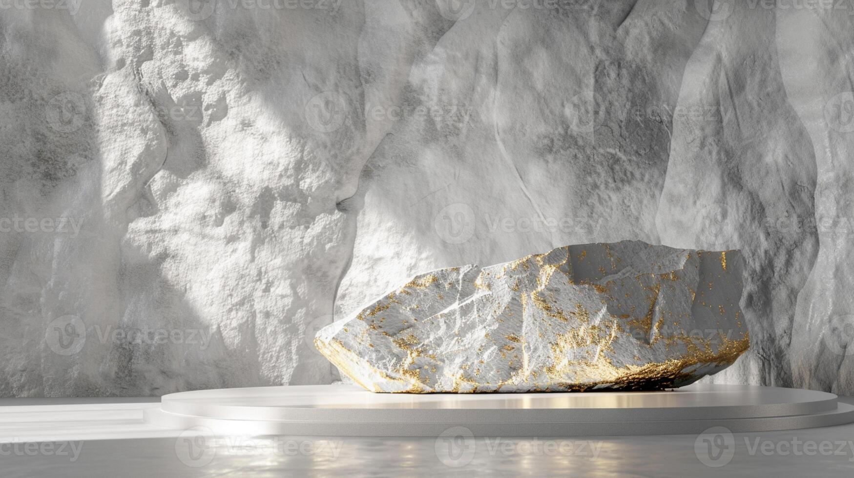 AI generated A white and gold of a nature marble platform surrounded by rocks. The background is geometric Stone and Rock shape, minimalist mockup for podium display showcase, studio room photo
