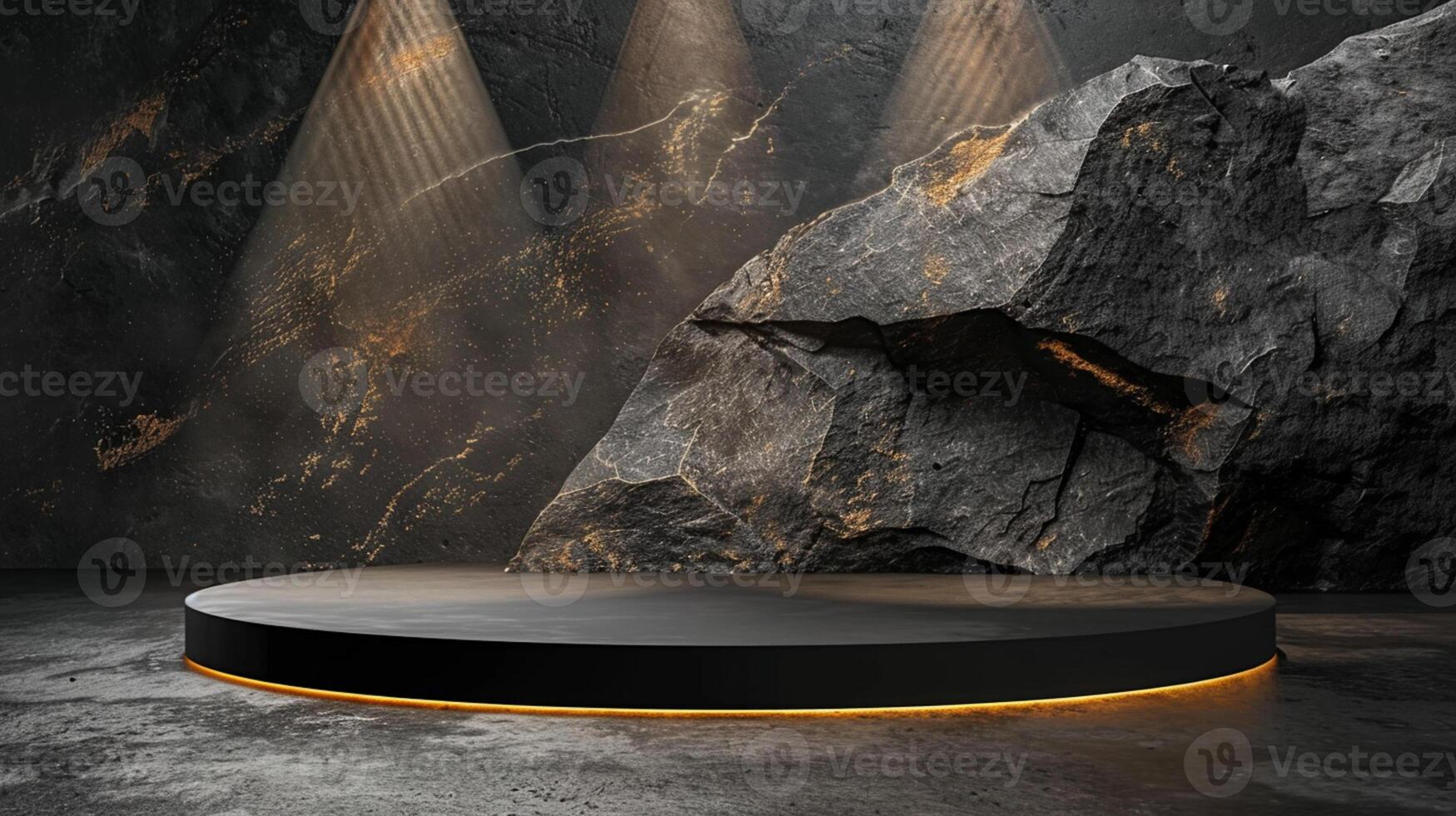 AI generated A black and gold of a nature marble platform surrounded by rocks. The background is geometric Stone and Rock shape, minimalist mockup for podium display showcase, studio room photo