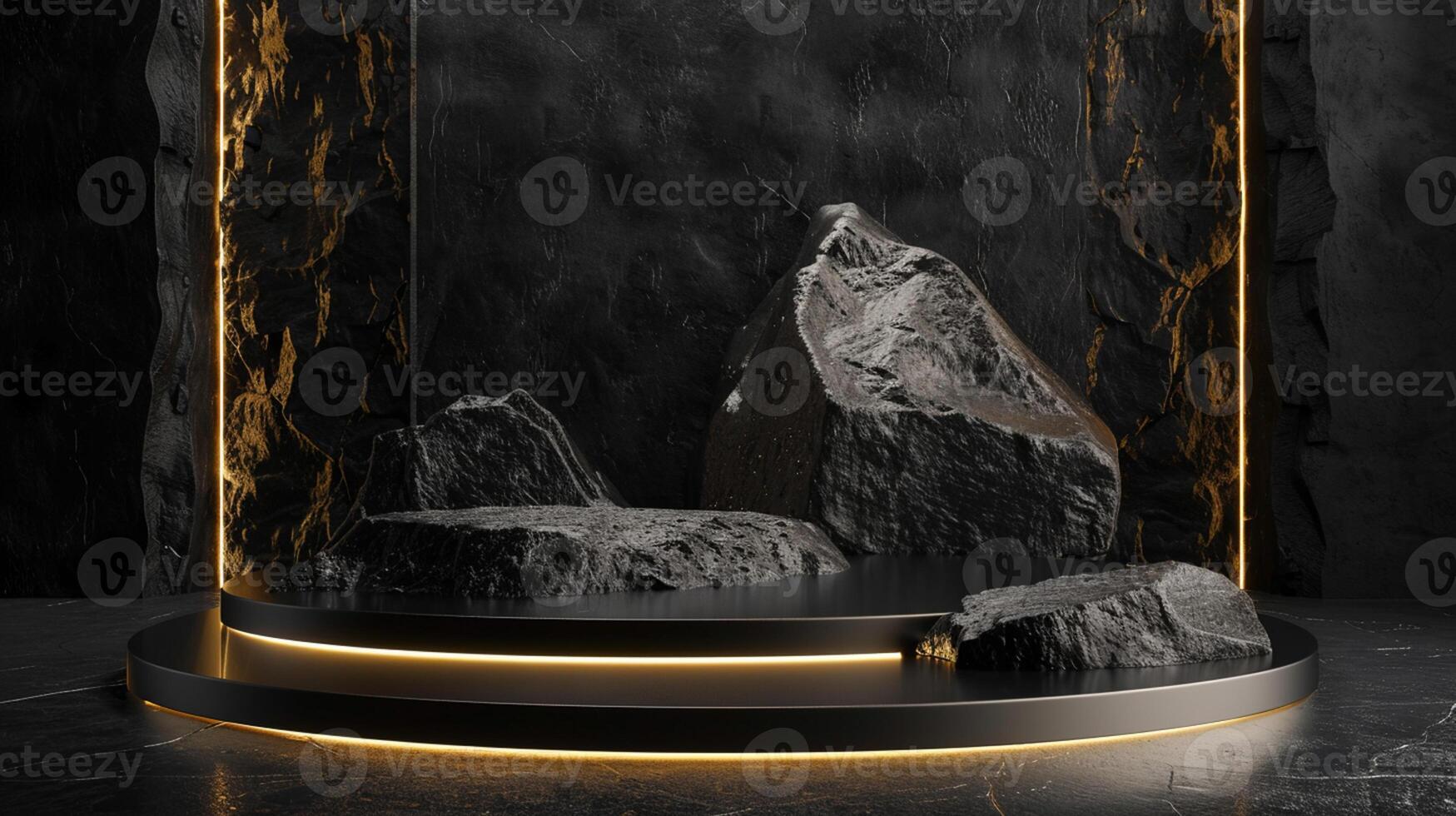 AI generated A black and gold of a nature marble platform surrounded by rocks. The background is geometric Stone and Rock shape, minimalist mockup for podium display showcase, studio room photo