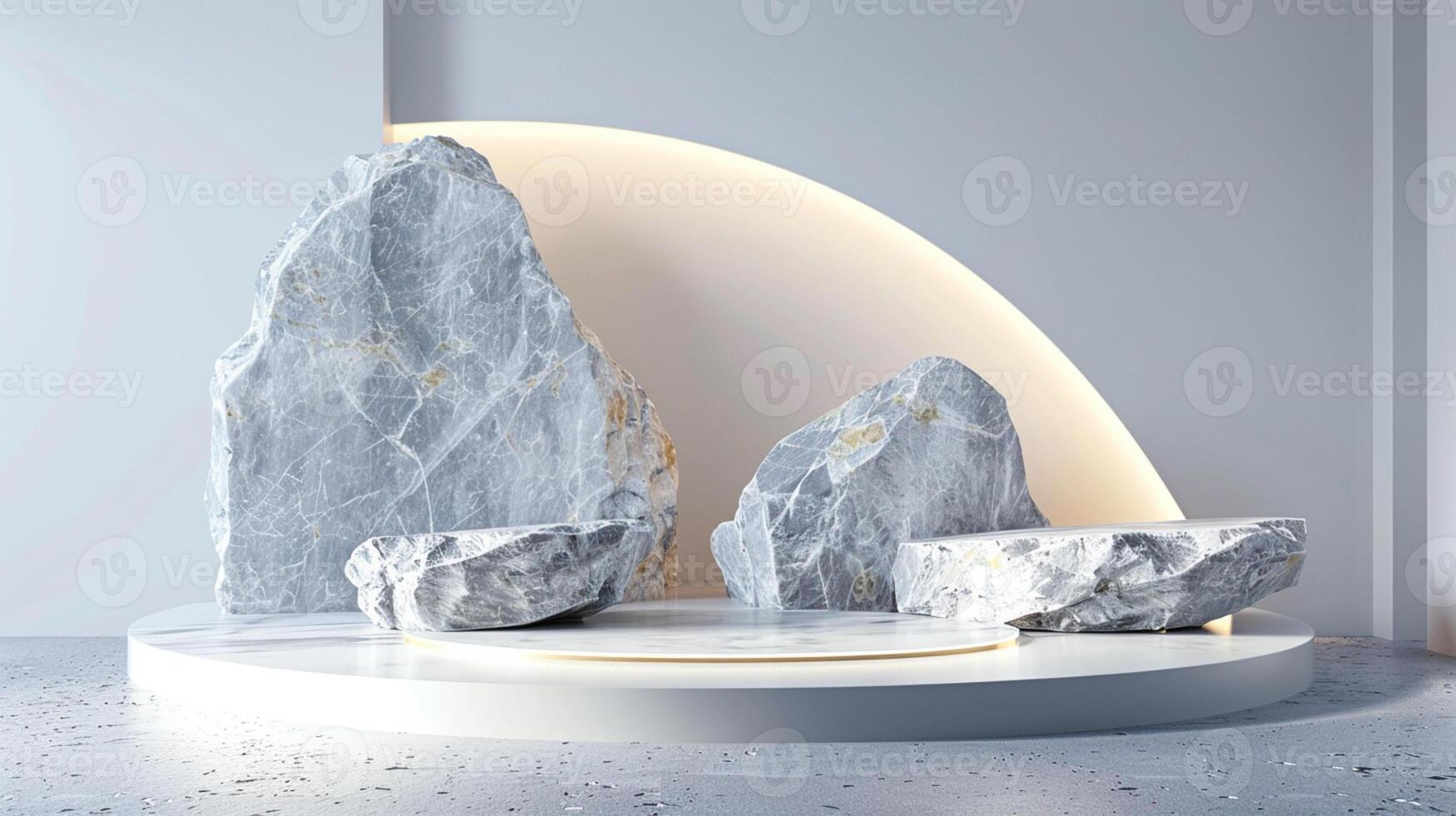 AI generated A white and gold of a nature marble platform surrounded by rocks. The background is geometric Stone and Rock shape, minimalist mockup for podium display showcase, studio room photo