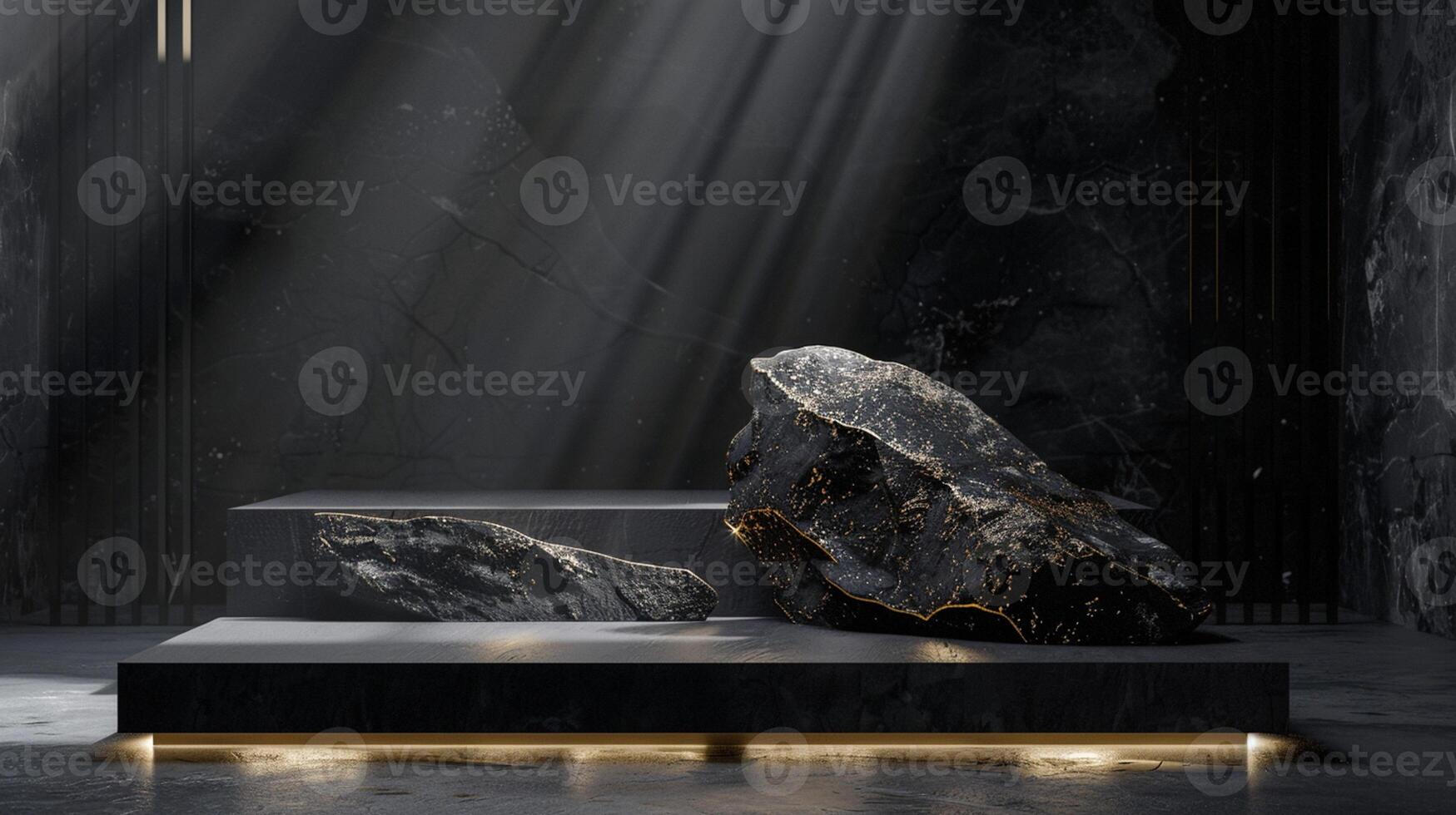 AI generated A black and gold of a nature marble platform surrounded by rocks. The background is geometric Stone and Rock shape, minimalist mockup for podium display showcase, studio room photo