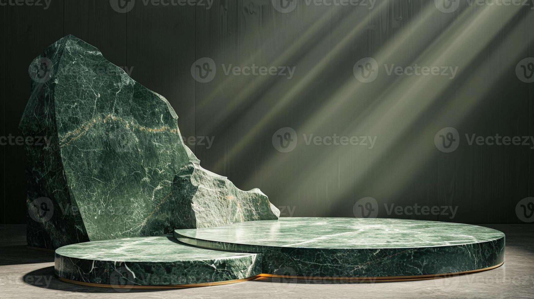 AI generated A green and gold of a nature marble platform surrounded by rocks. The background is geometric Stone and Rock shape, minimalist mockup for podium display showcase, studio room photo