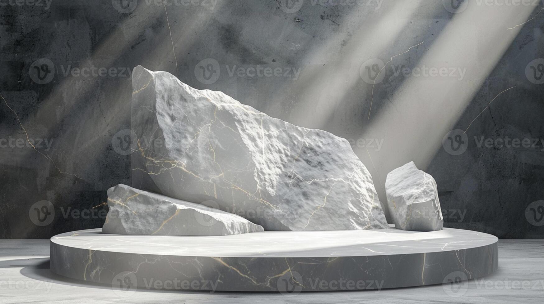 AI generated A white and gold of a nature marble platform surrounded by rocks. The background is geometric Stone and Rock shape, minimalist mockup for podium display showcase, studio room photo