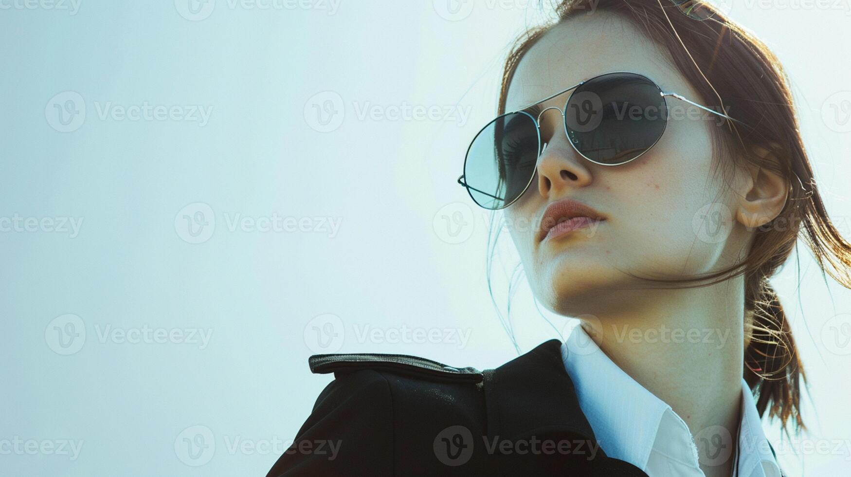 ai generado sonriente mujer de negocios vistiendo lentes en un oficina retrato. negocio mujer frio mirando concepto. en blanco antecedentes. foto