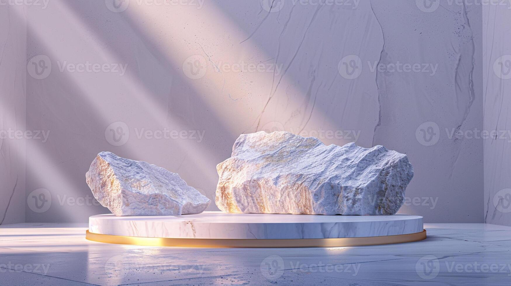AI generated A white and gold of a nature marble platform surrounded by rocks. The background is geometric Stone and Rock shape, minimalist mockup for podium display showcase, studio room photo