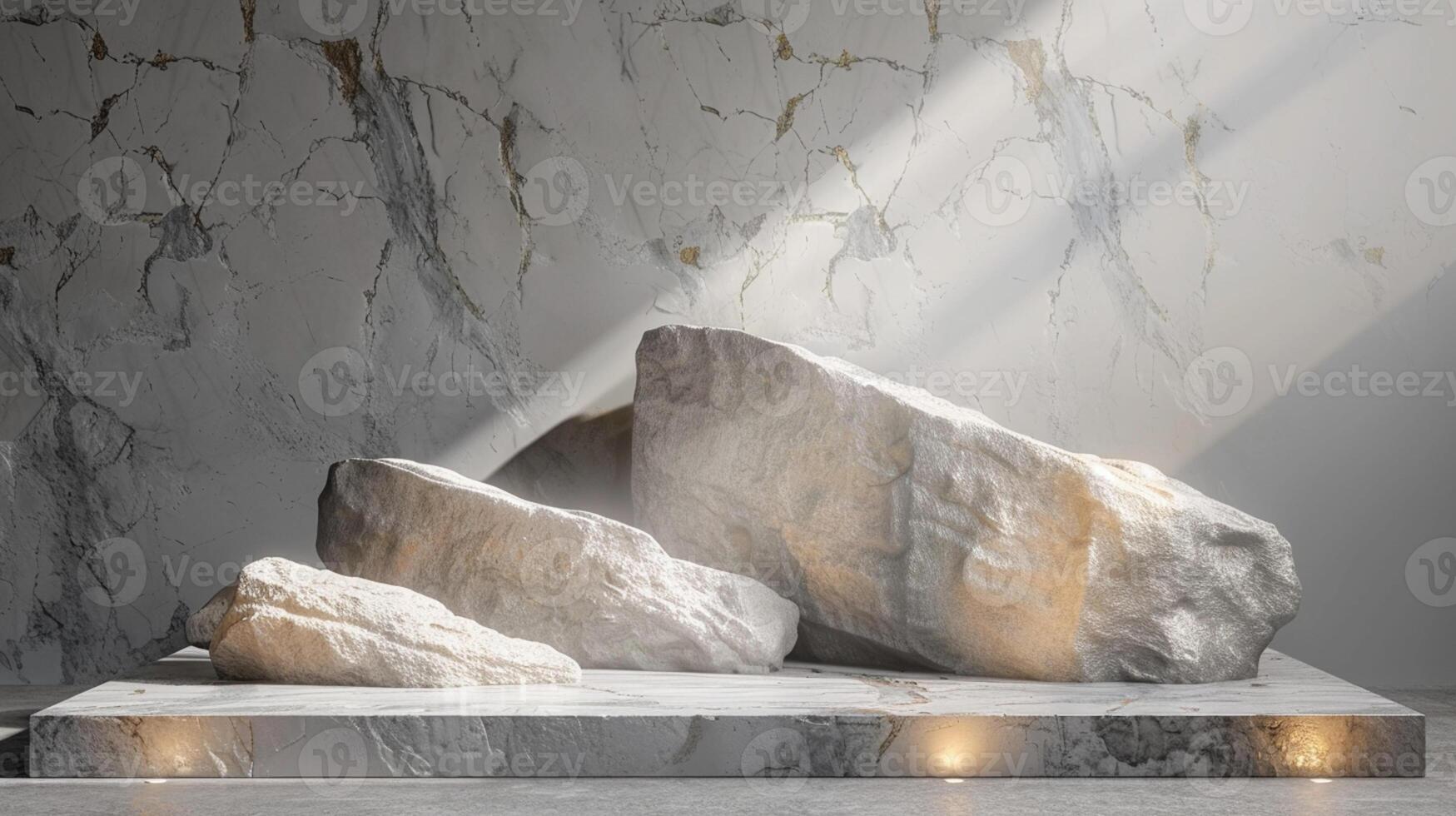 AI generated A white and gold of a nature marble platform surrounded by rocks. The background is geometric Stone and Rock shape, minimalist mockup for podium display showcase, studio room photo