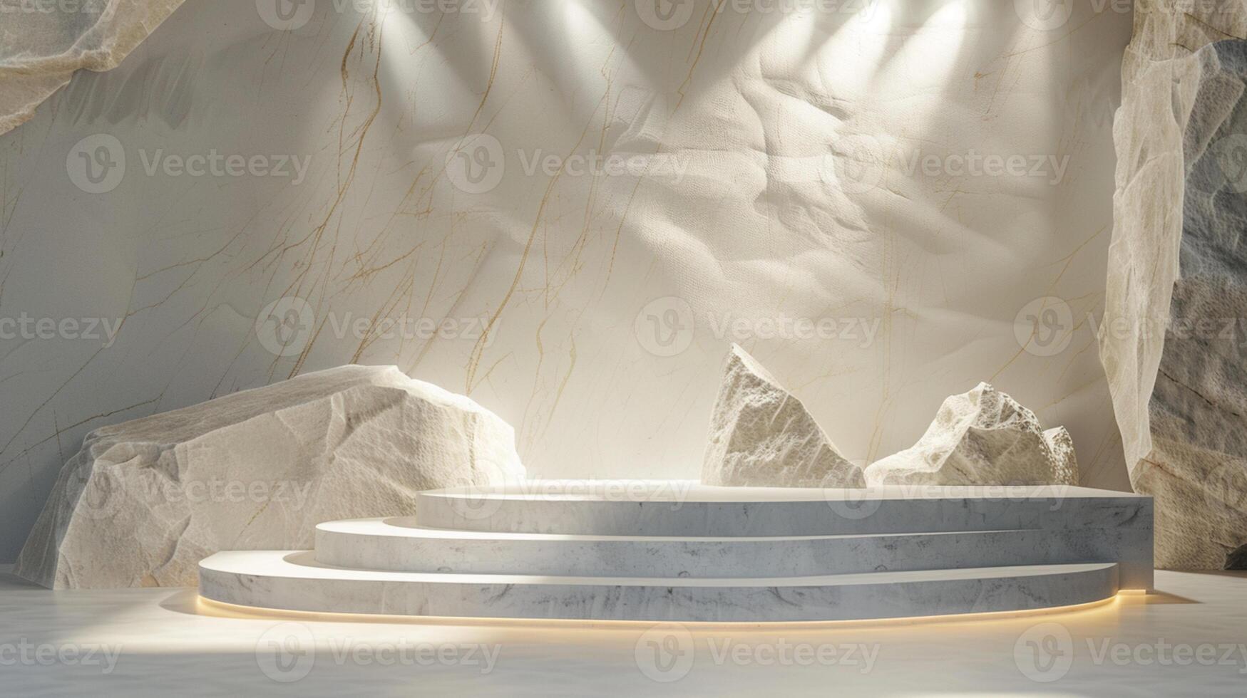 AI generated A white and gold of a nature marble platform surrounded by rocks. The background is geometric Stone and Rock shape, minimalist mockup for podium display showcase, studio room photo