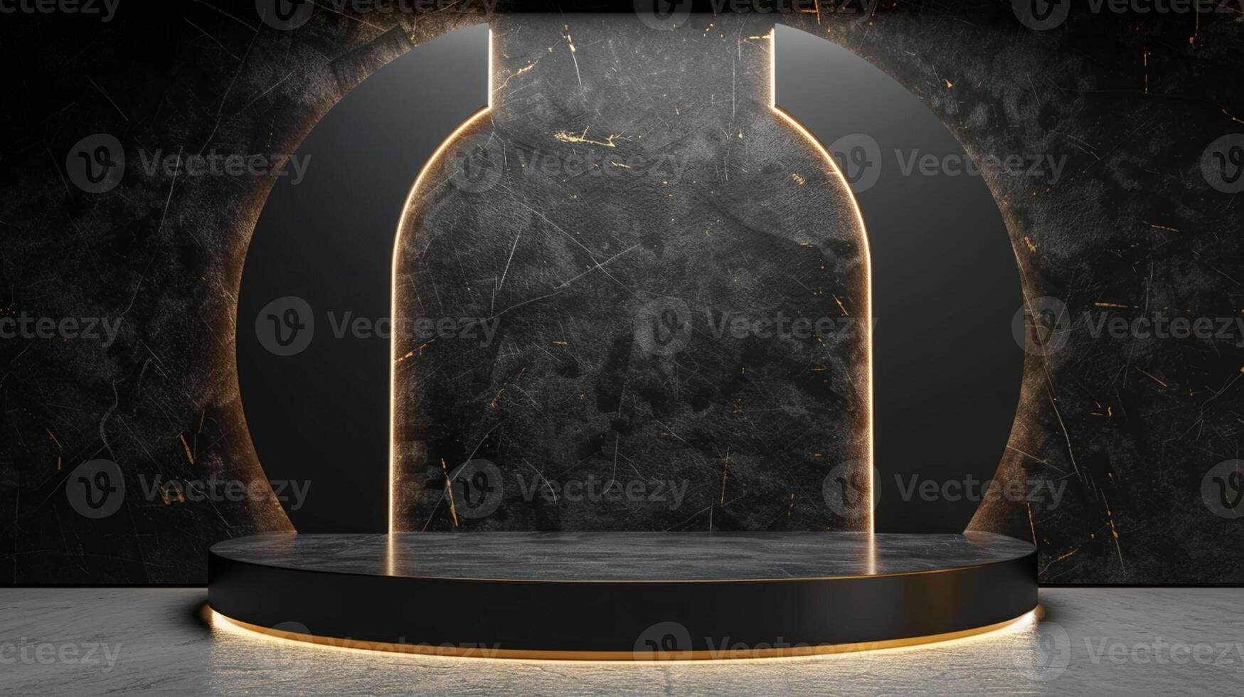 AI generated A black and gold of a nature marble platform surrounded by rocks. The background is geometric Stone and Rock shape, minimalist mockup for podium display showcase, studio room photo