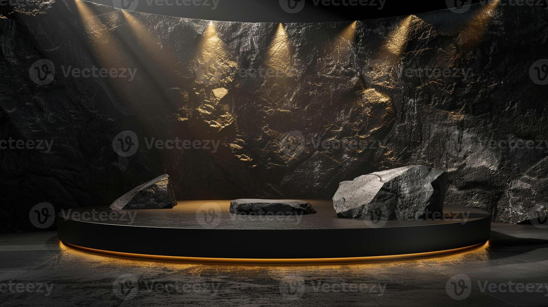 AI generated A black and gold of a nature marble platform surrounded by rocks. The background is geometric Stone and Rock shape, minimalist mockup for podium display showcase, studio room photo