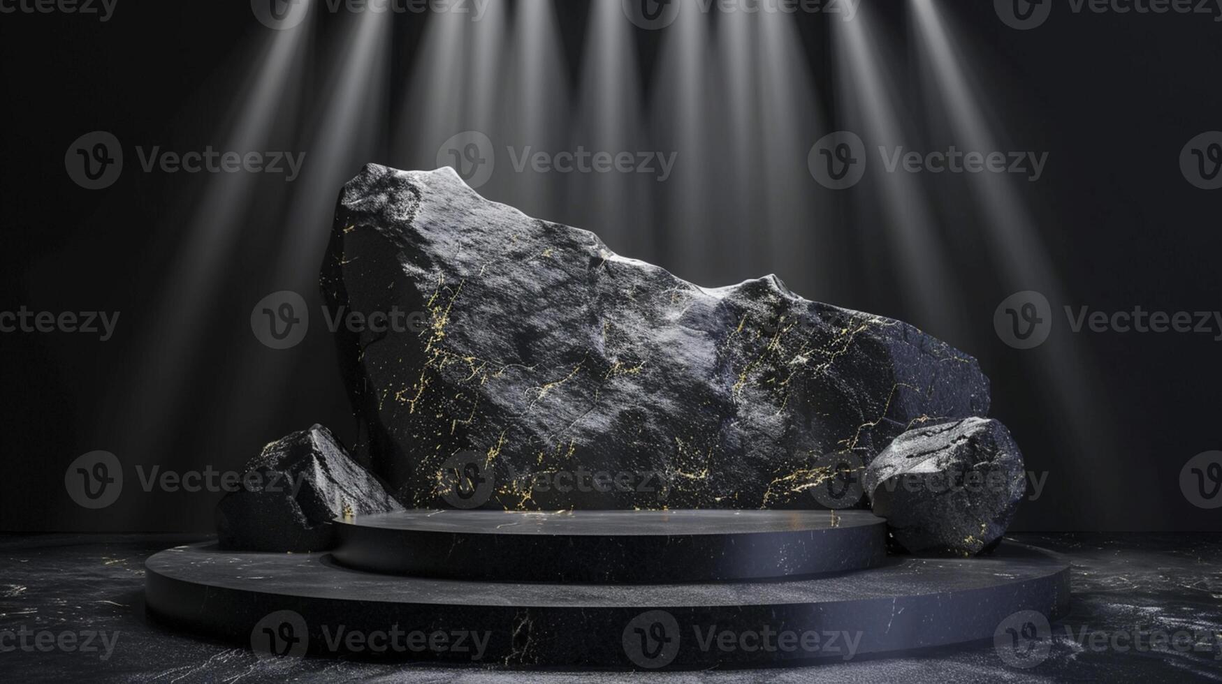 AI generated A black and gold of a nature marble platform surrounded by rocks. The background is geometric Stone and Rock shape, minimalist mockup for podium display showcase, studio room photo
