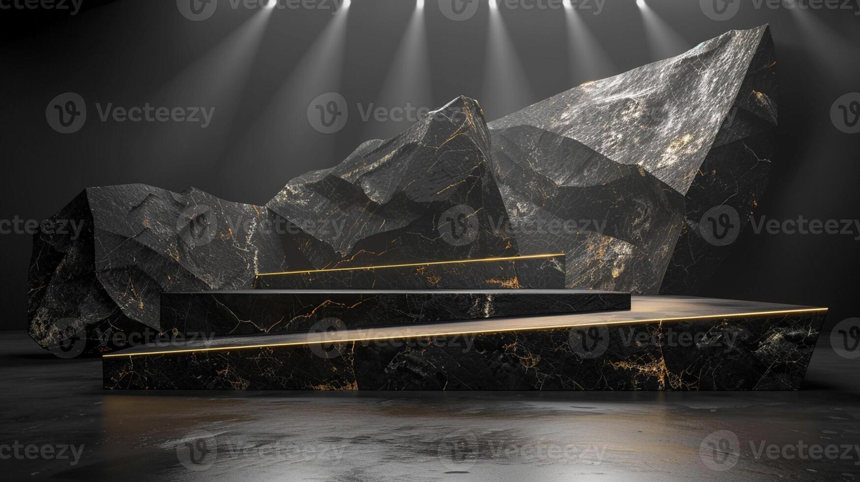 AI generated A black and gold of a nature marble platform surrounded by rocks. The background is geometric Stone and Rock shape, minimalist mockup for podium display showcase, studio room photo