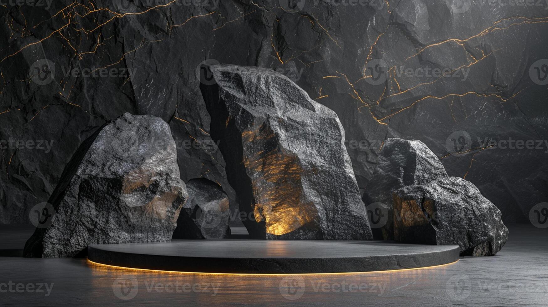 AI generated A black and gold of a nature marble platform surrounded by rocks. The background is geometric Stone and Rock shape, minimalist mockup for podium display showcase, studio room photo