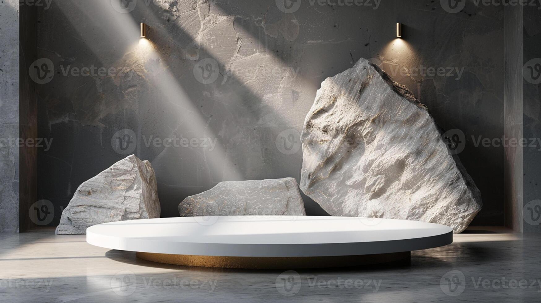 AI generated A white and gold of a nature marble platform surrounded by rocks. The background is geometric Stone and Rock shape, minimalist mockup for podium display showcase, studio room photo