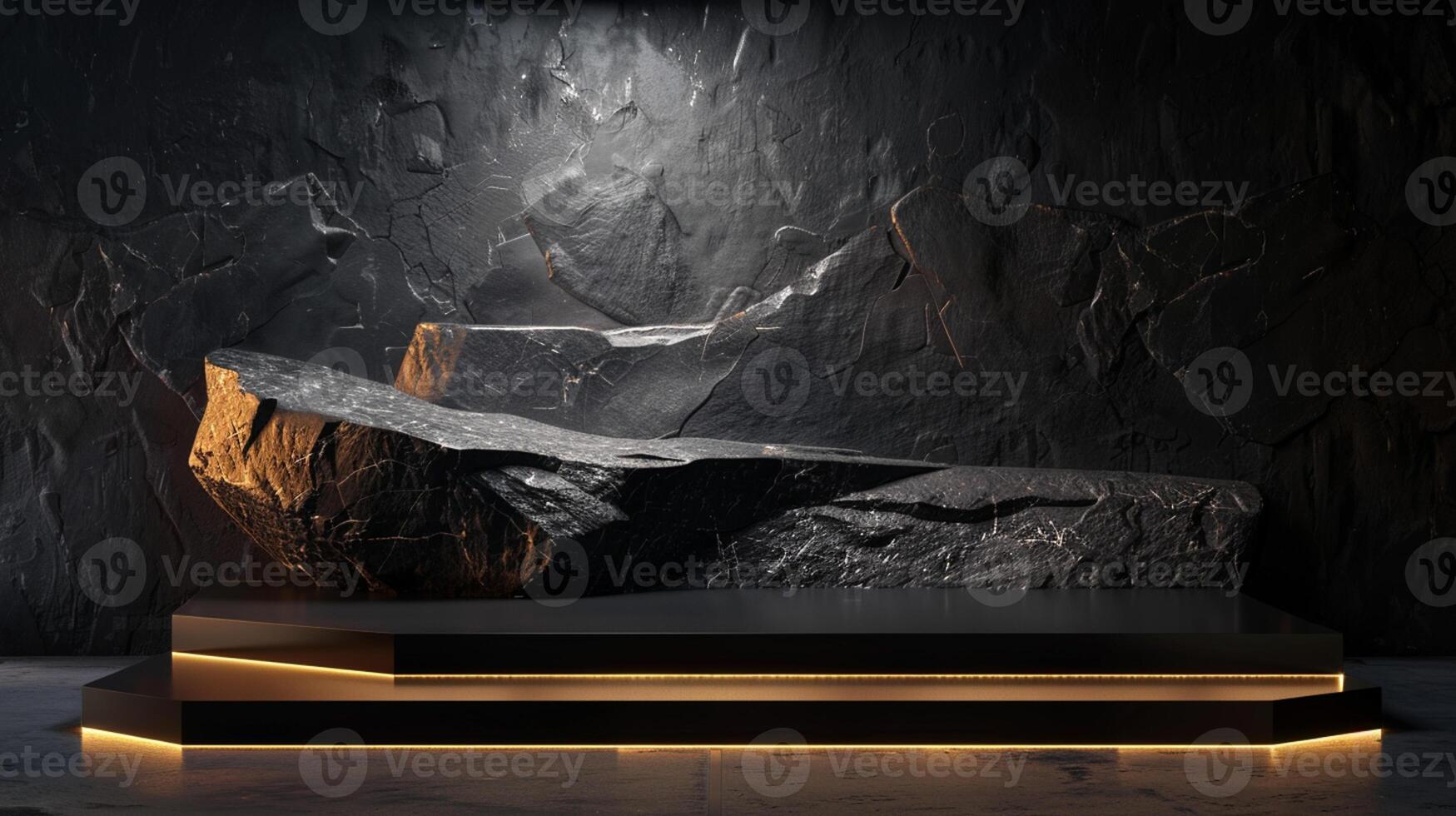 AI generated A black and gold of a nature marble platform surrounded by rocks. The background is geometric Stone and Rock shape, minimalist mockup for podium display showcase, studio room photo