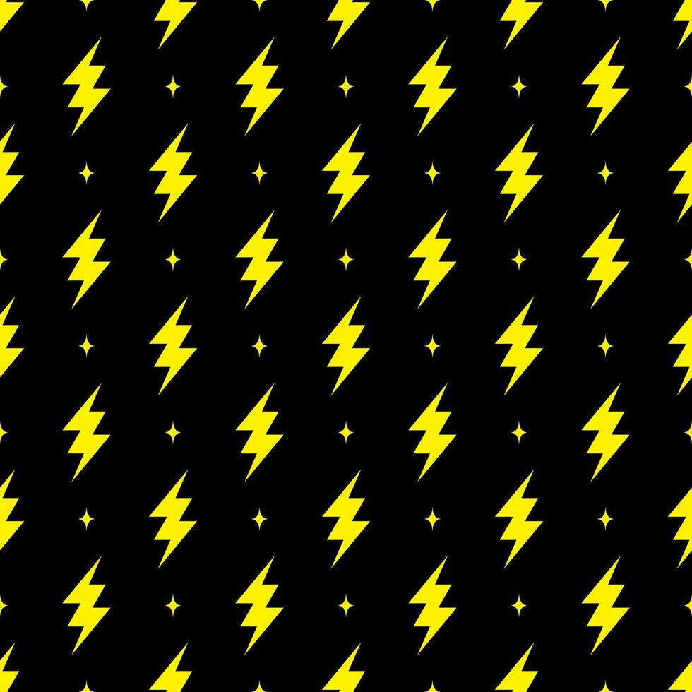 Yellow lightning bolt vector seamless pattern on black background.