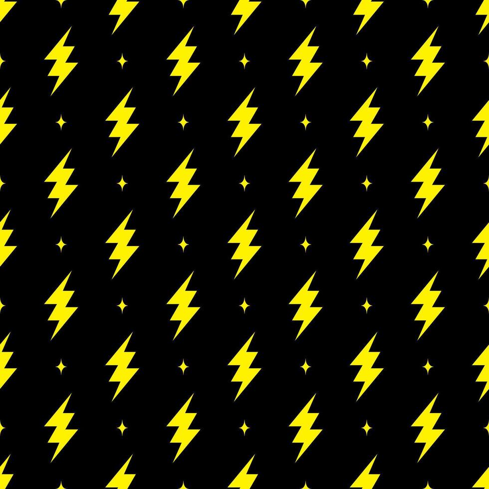 Yellow lightning bolt vector seamless pattern on black background.