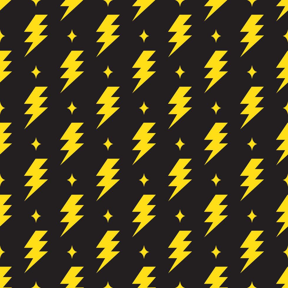 Yellow lightning bolt vector seamless pattern on black background.