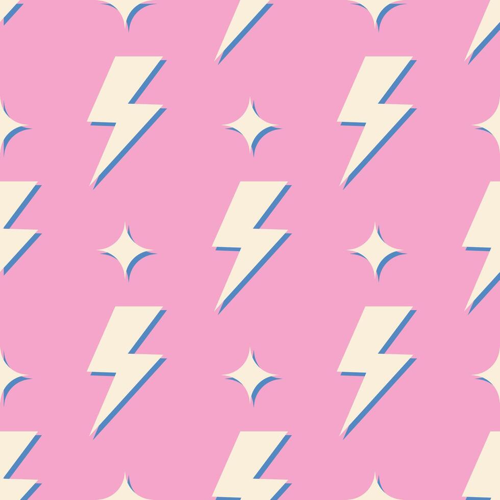Retro vector seamless pattern with lightning. Flat design.  Yellow lightnings on pink background.