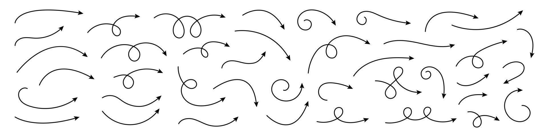 Collection hand drawn arrows. Set simple curved arrows. Collection of pointers. vector