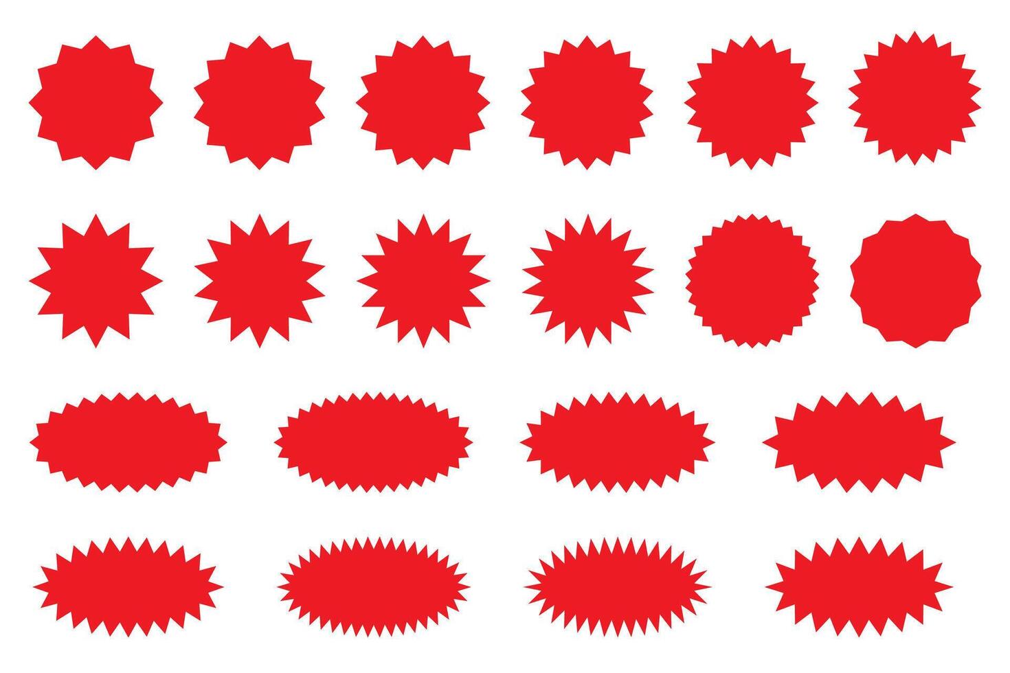 Starburst rojo pegatina conjunto - colección de especial oferta rebaja redondo y oval rayos de sol etiquetas y botones aislado en blanco antecedentes. pegatinas y insignias con estrella bordes para promoción publicidad. vector