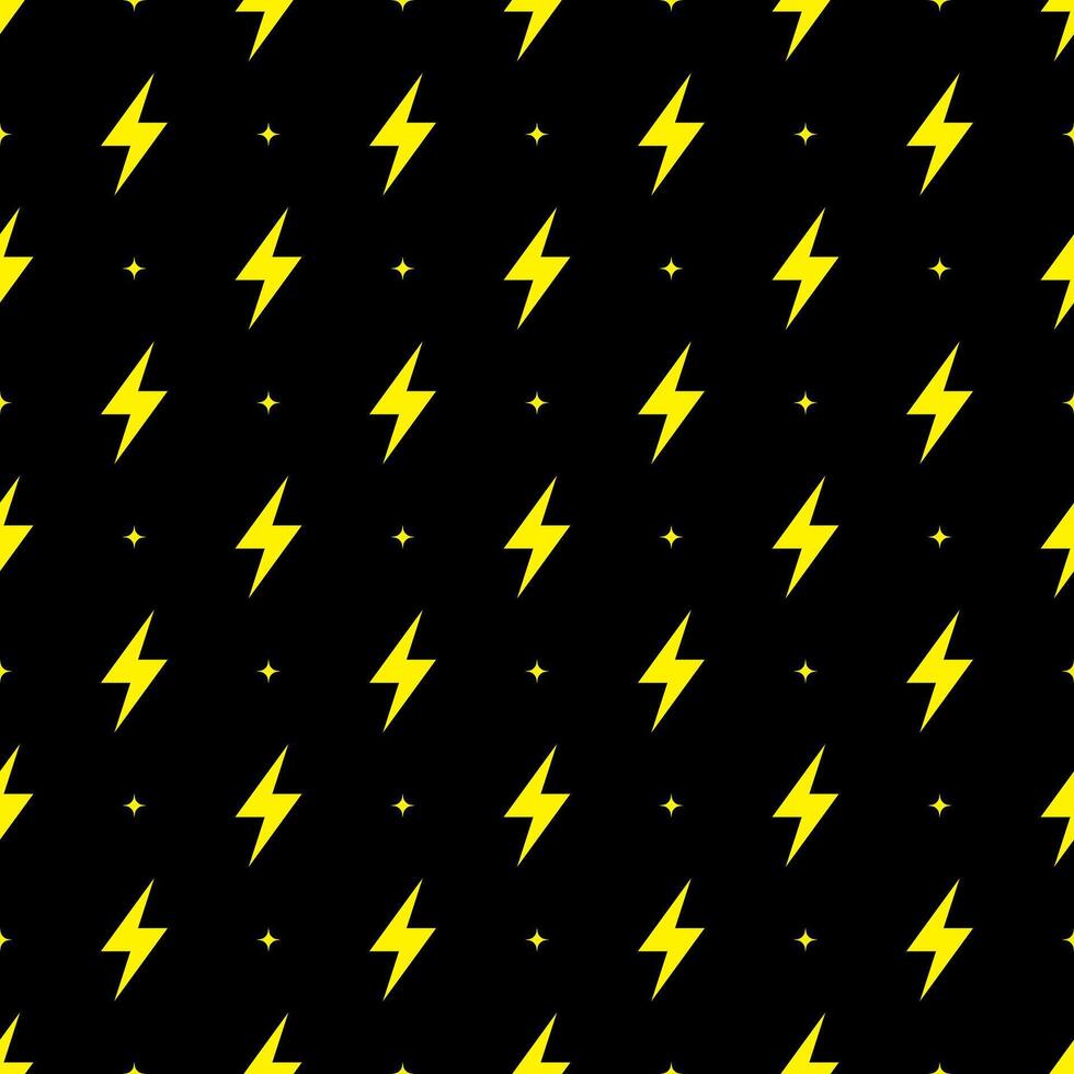 Yellow lightning bolt vector seamless pattern on black background.