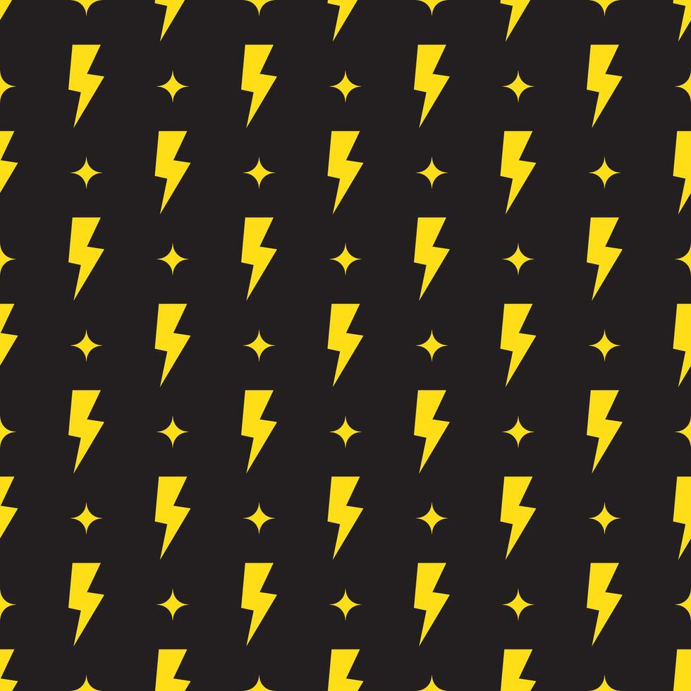 Yellow lightning bolt vector seamless pattern on black background.
