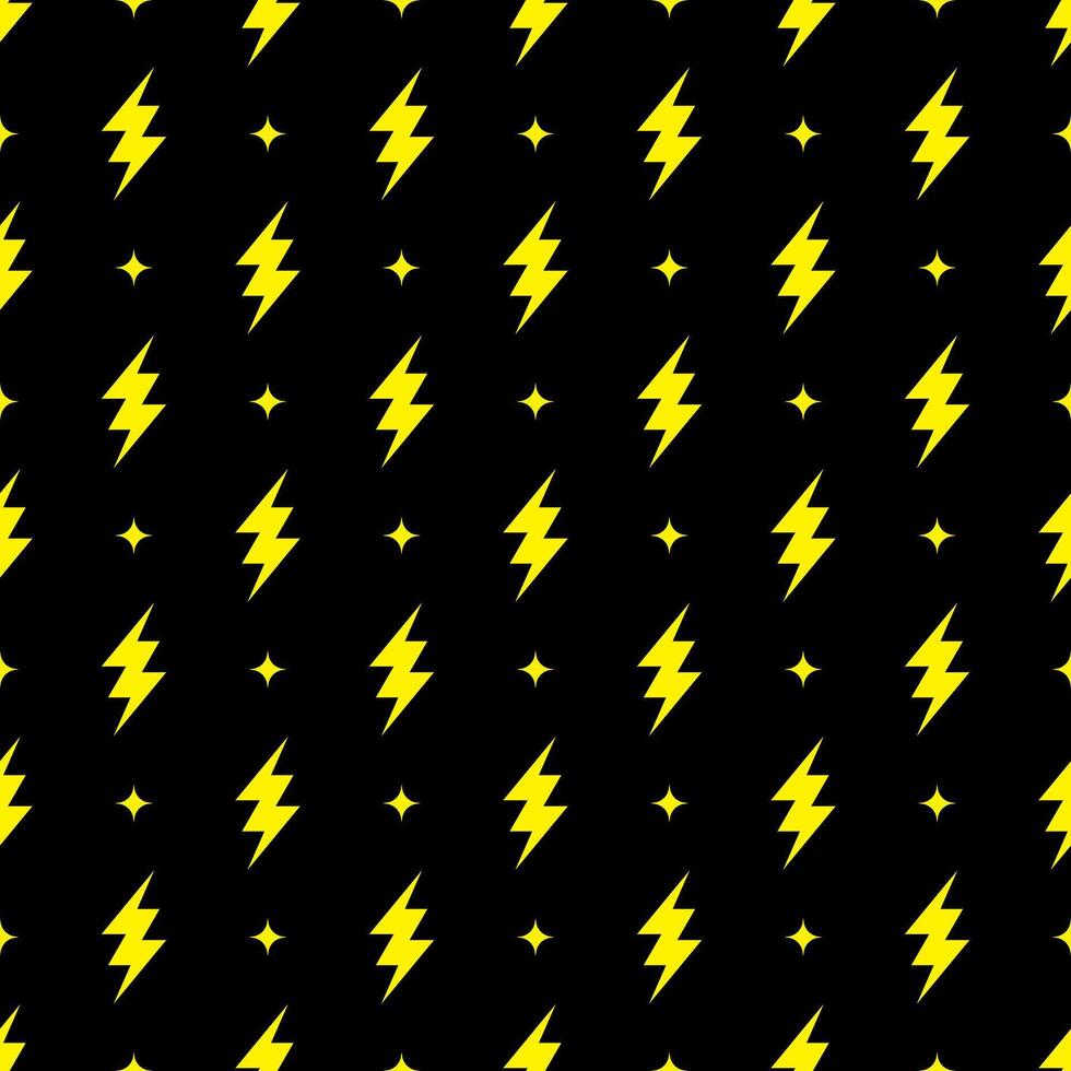Yellow lightning bolt vector seamless pattern on black background.