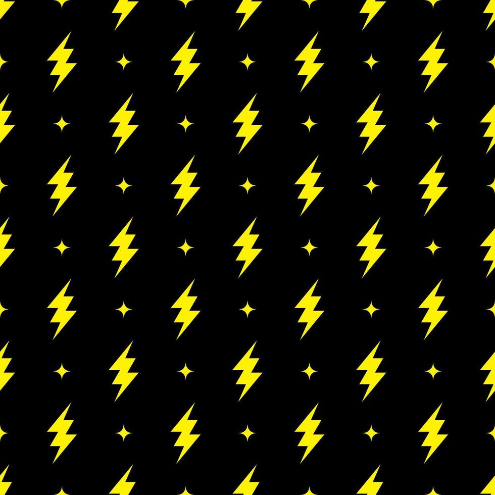 Yellow lightning bolt vector seamless pattern on black background.