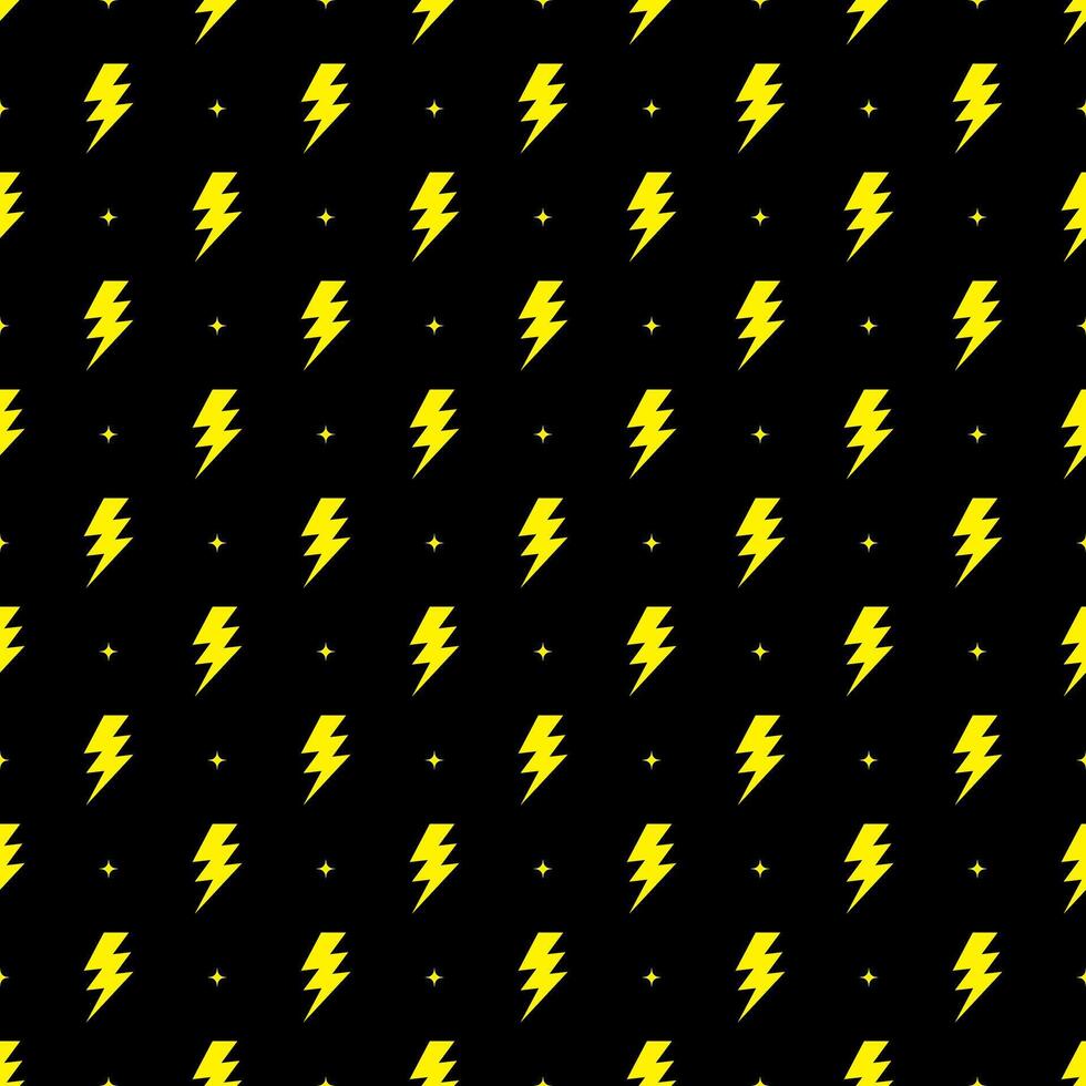 Yellow lightning bolt vector seamless pattern on black background.