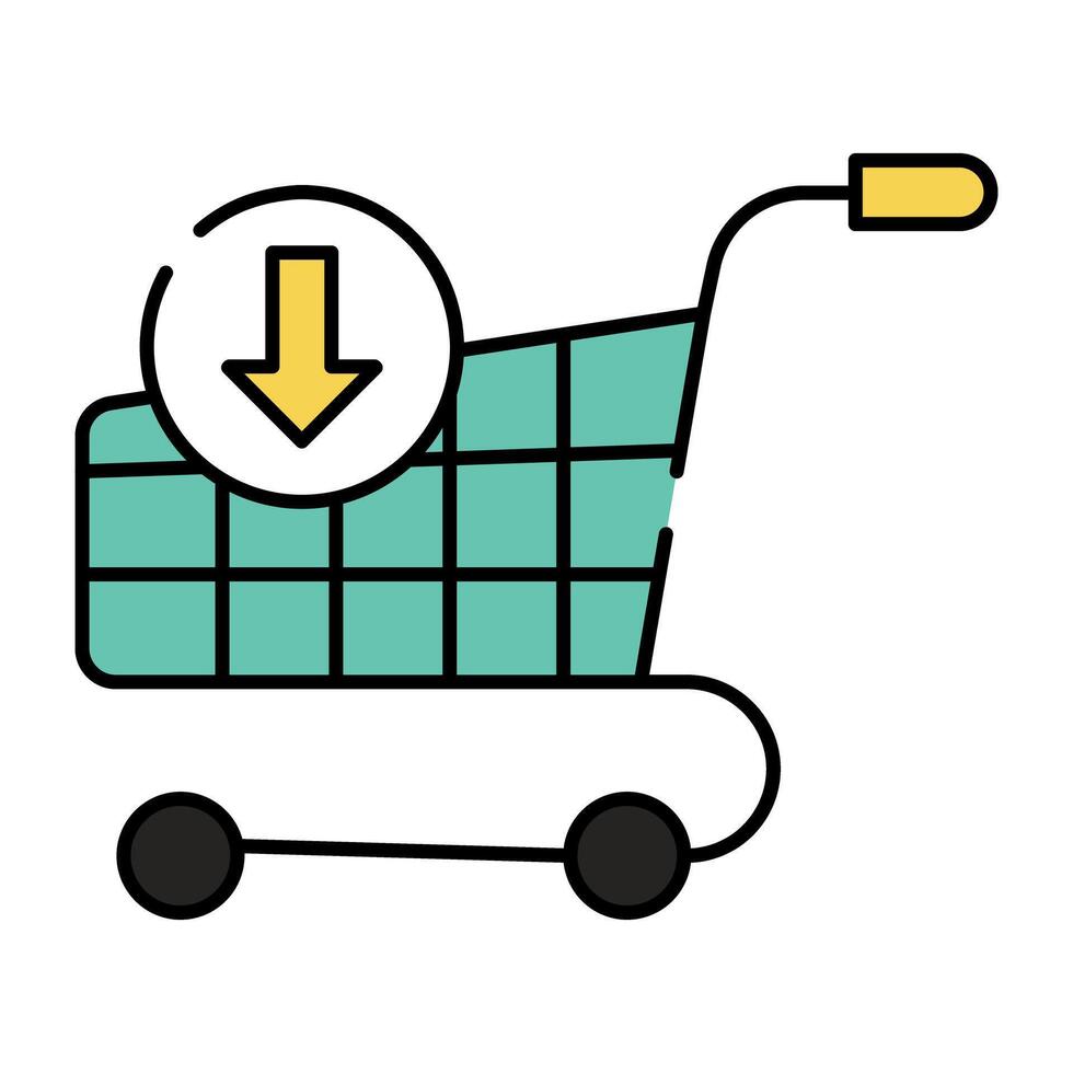 A premium download icon of shopping trolley with downward arrow, add to cart vector