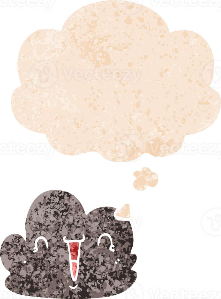cartoon happy cloud with thought bubble in grunge distressed retro textured style png