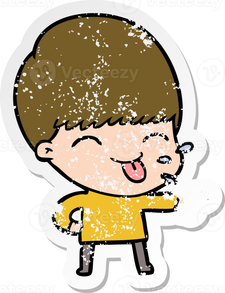 distressed sticker of a cartoon boy sticking out tongue png