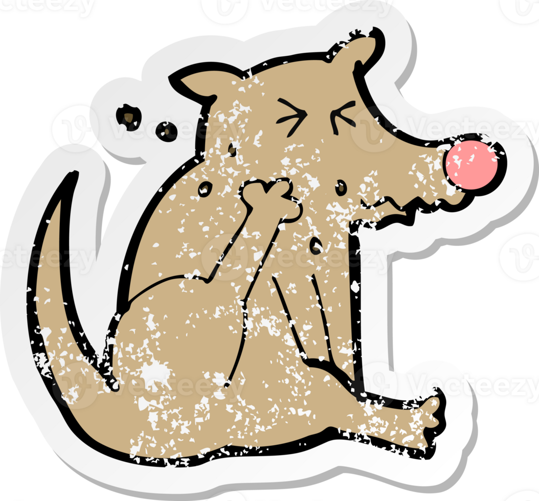 retro distressed sticker of a cartoon dog scratching png