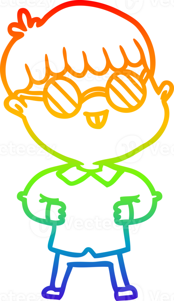 rainbow gradient line drawing of a cartoon boy wearing spectacles png