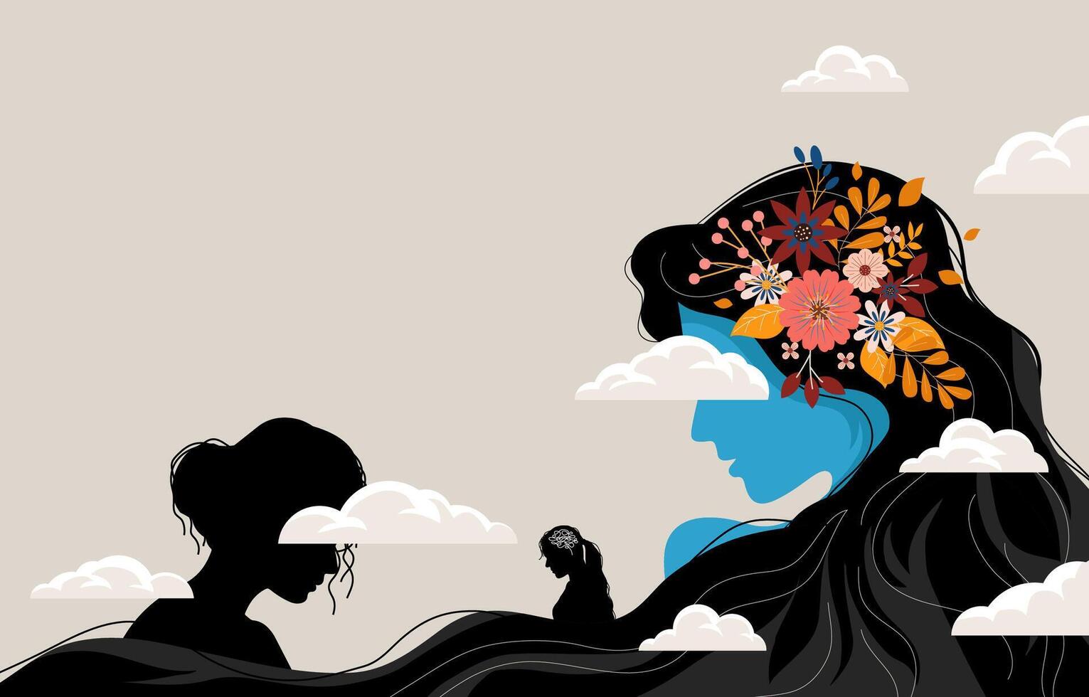 beautiful concept of a step into the unknown future the head of a girl in the clouds vector