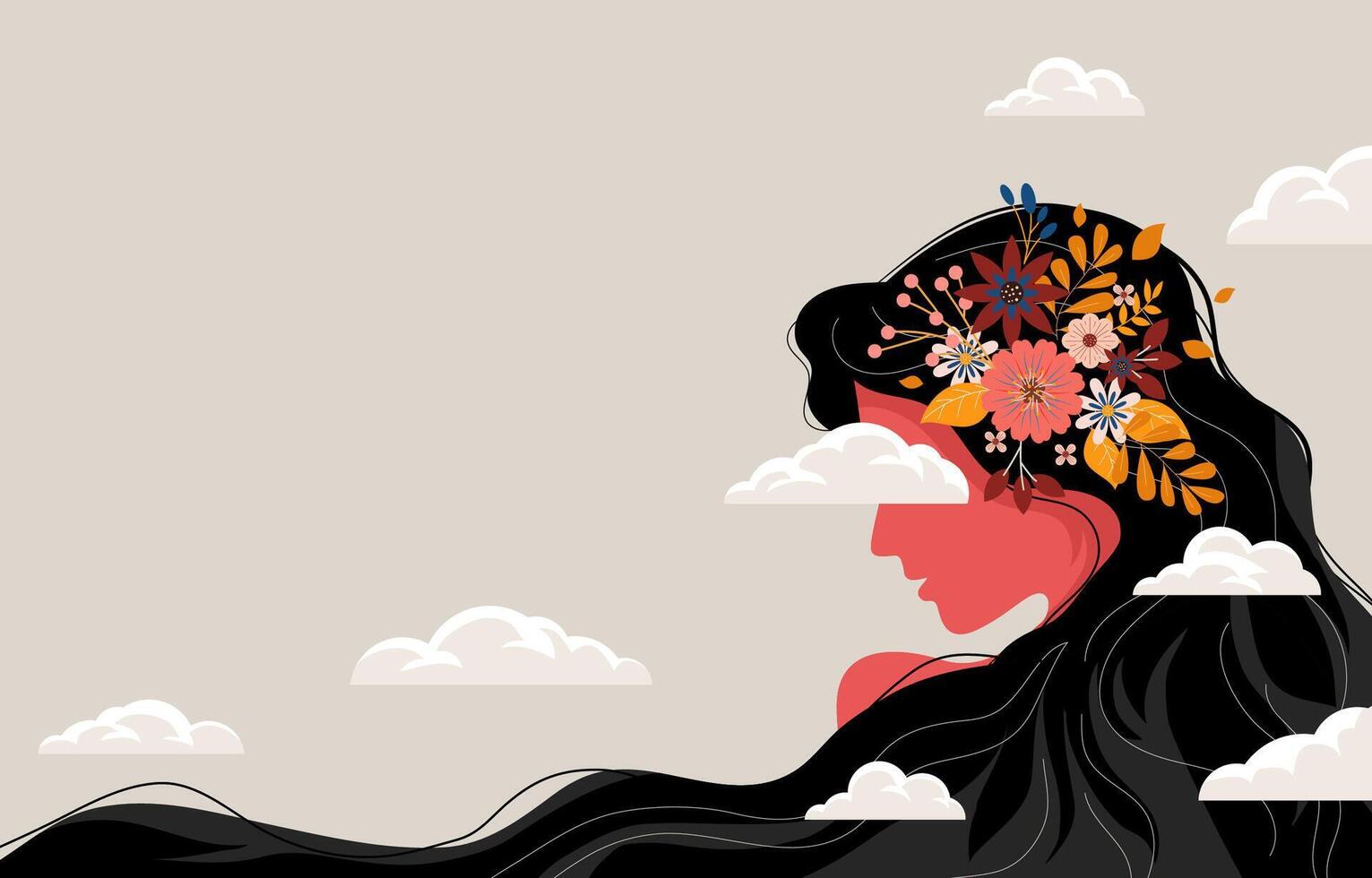 beautiful concept of a step into the unknown future the head of a girl in the clouds vector