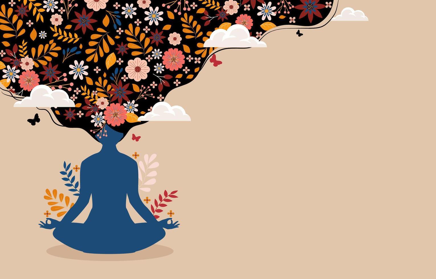 Mindfulness with silhouette of women sitting with crossed legs and meditating. floral decoration vector