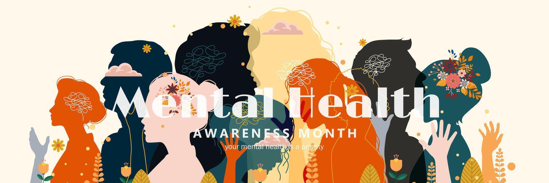 Mental Health Awareness Month banner with people silhouette vector