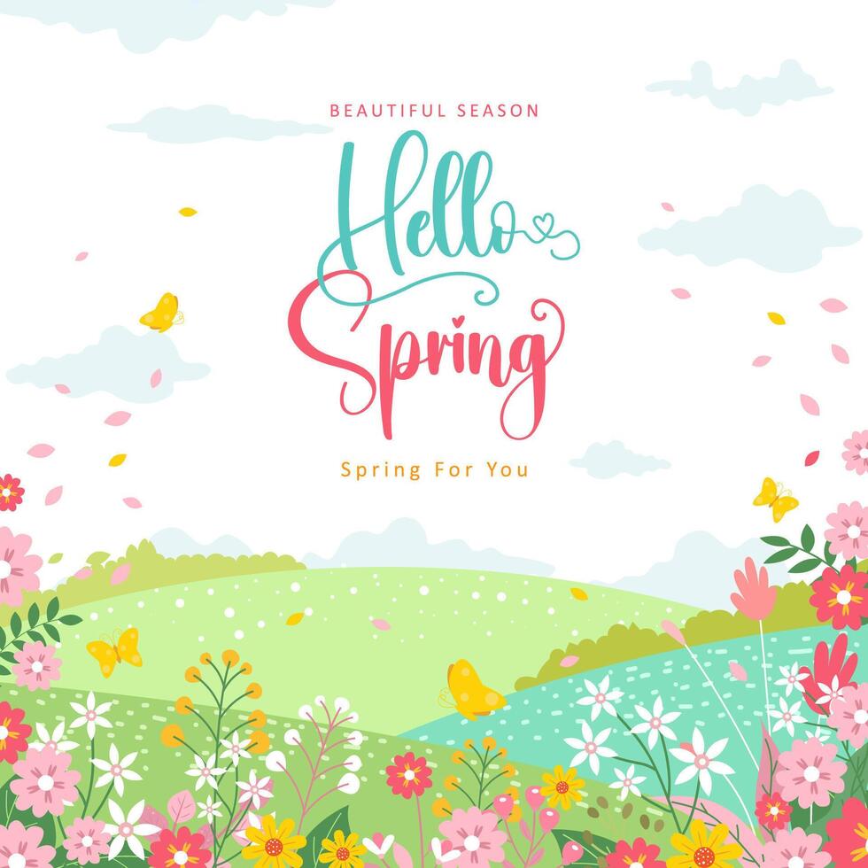 Spring template with beautiful flower and landscape background vector