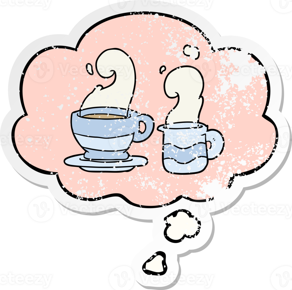cartoon cup of coffee with thought bubble as a distressed worn sticker png