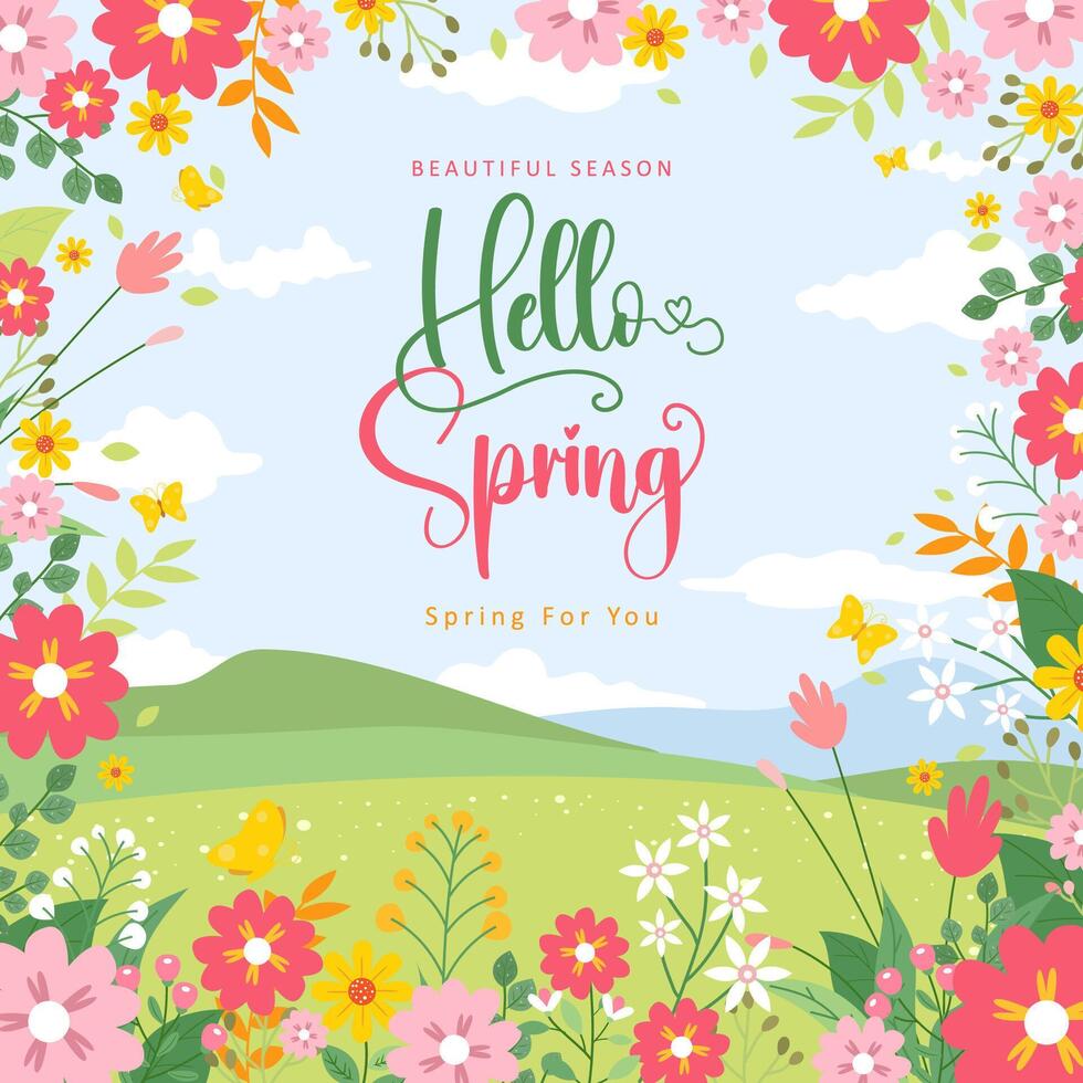 Spring template with beautiful flower and landscape background vector