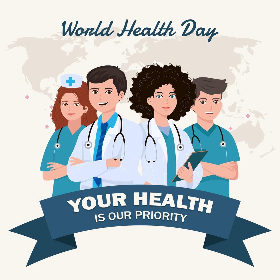 mundo salud día con médico y enfermero antecedentes vector