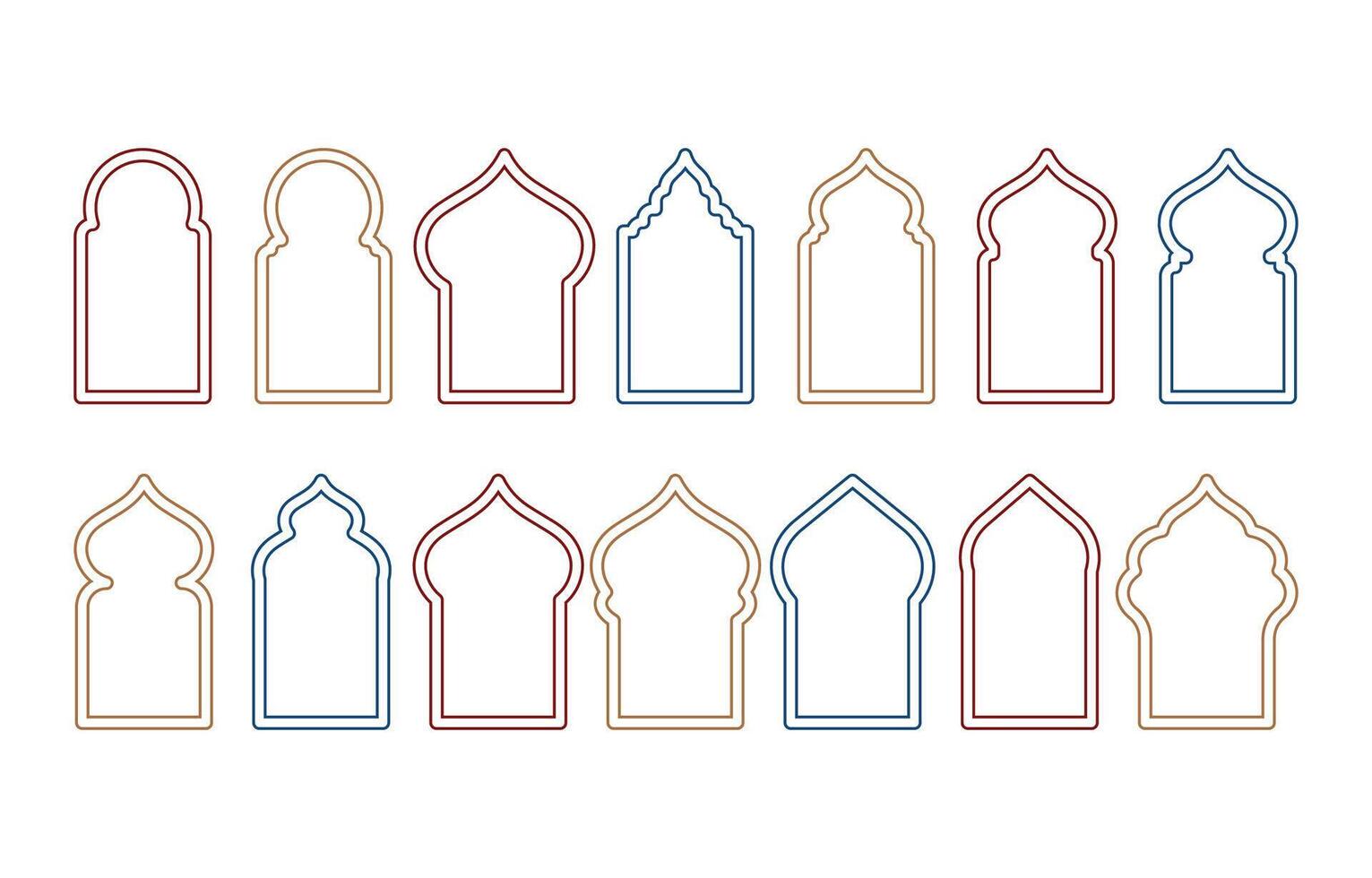 conjunto de vistoso plano islámico ventanas marco siluetas vector
