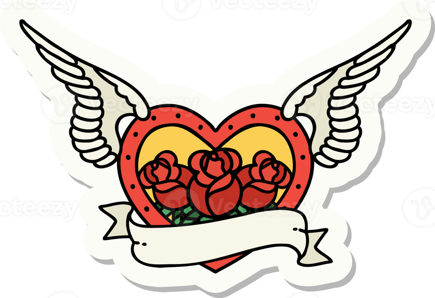 sticker of tattoo in traditional style of a flying heart with flowers and banner png