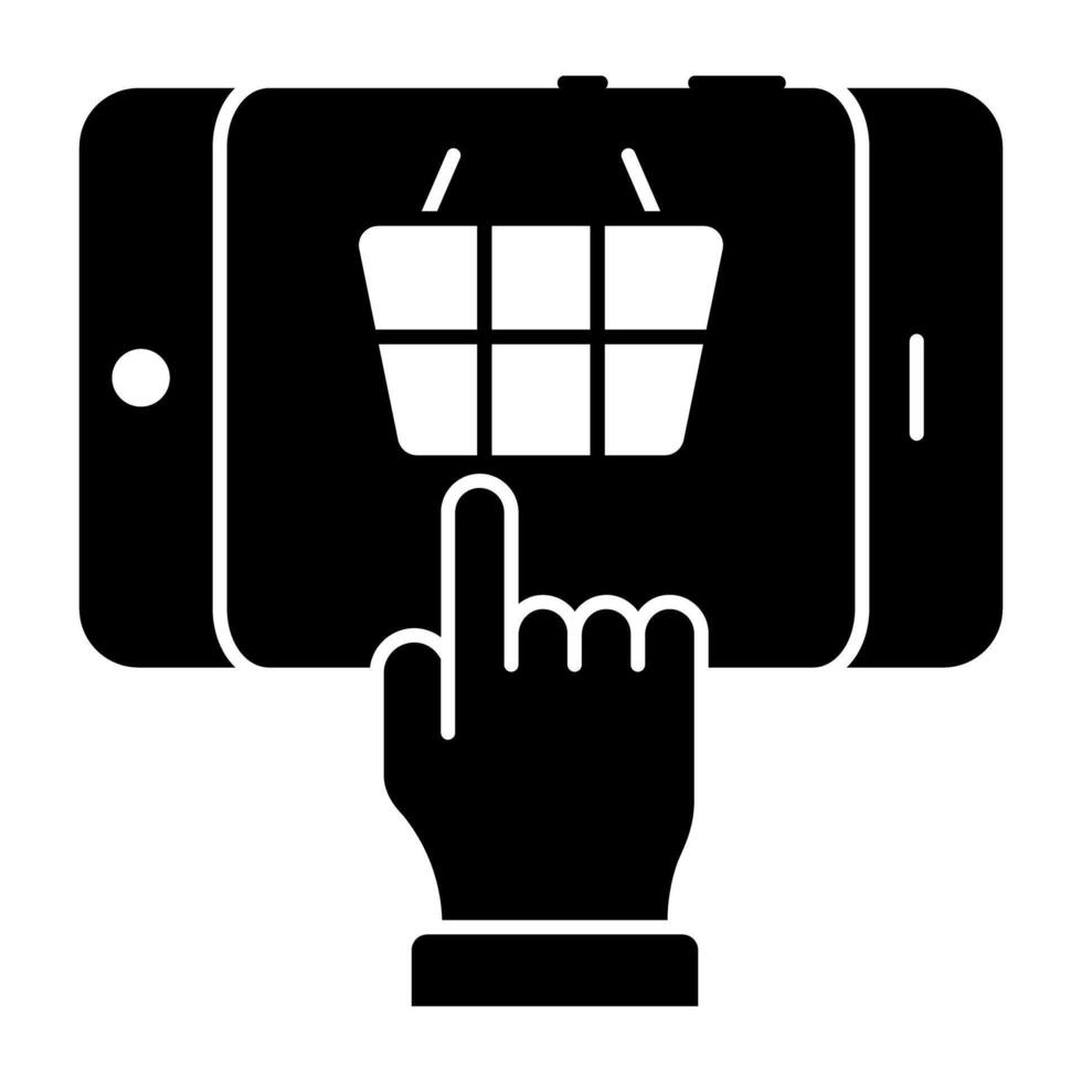 Grocery bucket inside smartphone, icon of mobile shopping vector