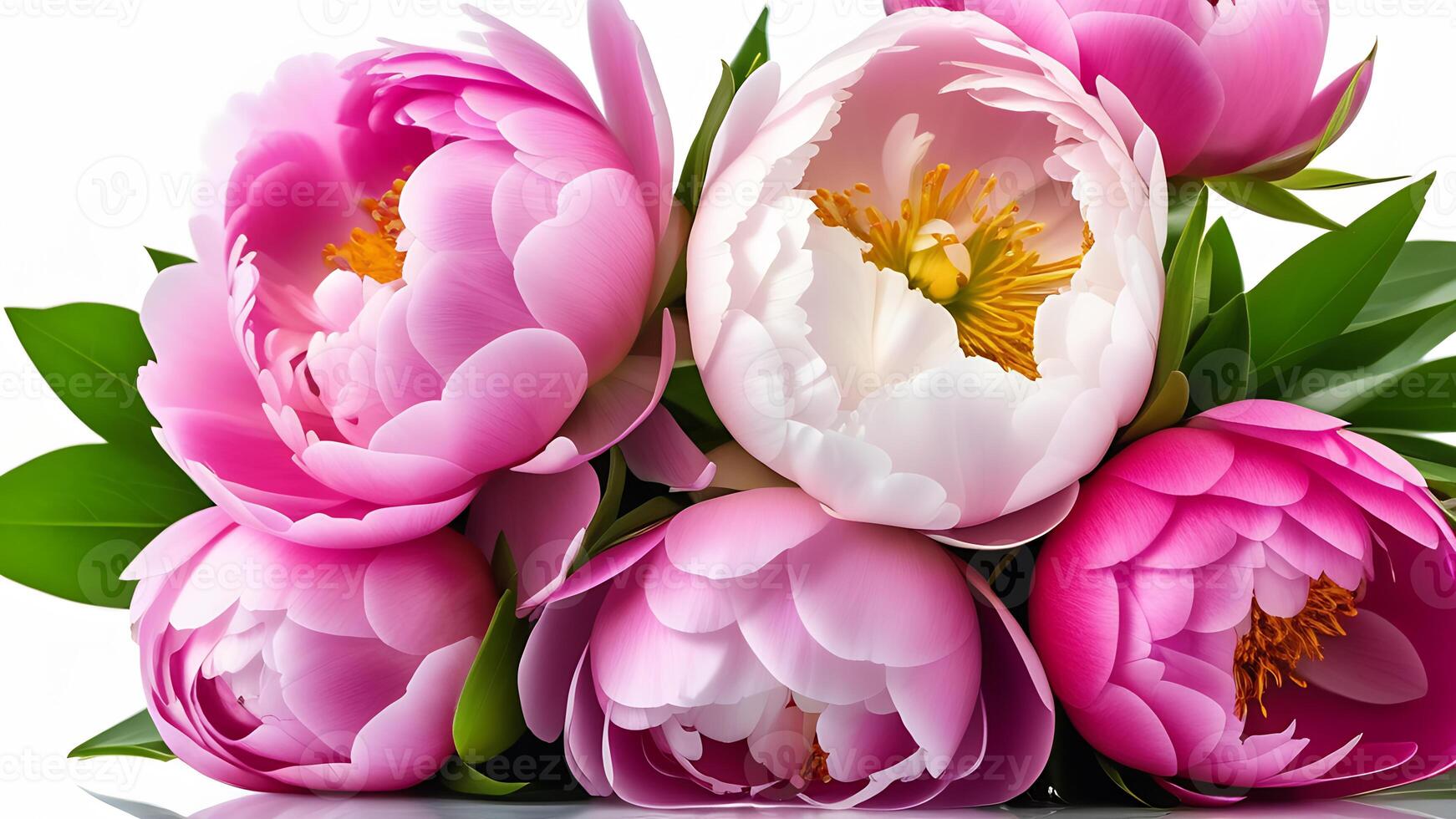 AI Generated Blooming flowers closeup. Blossomed pink peony roses, leaves isolated on white. photo