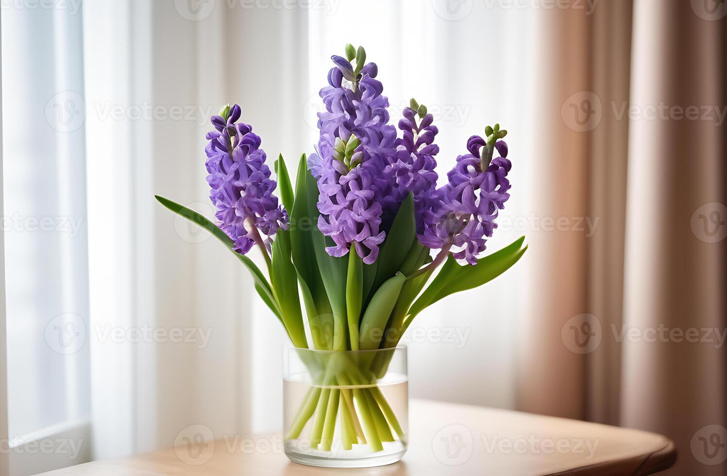 AI Generated Blossomed hyacinth, spring flowers bunch, purple bouquet in water, glass vase on wood desk at window. photo