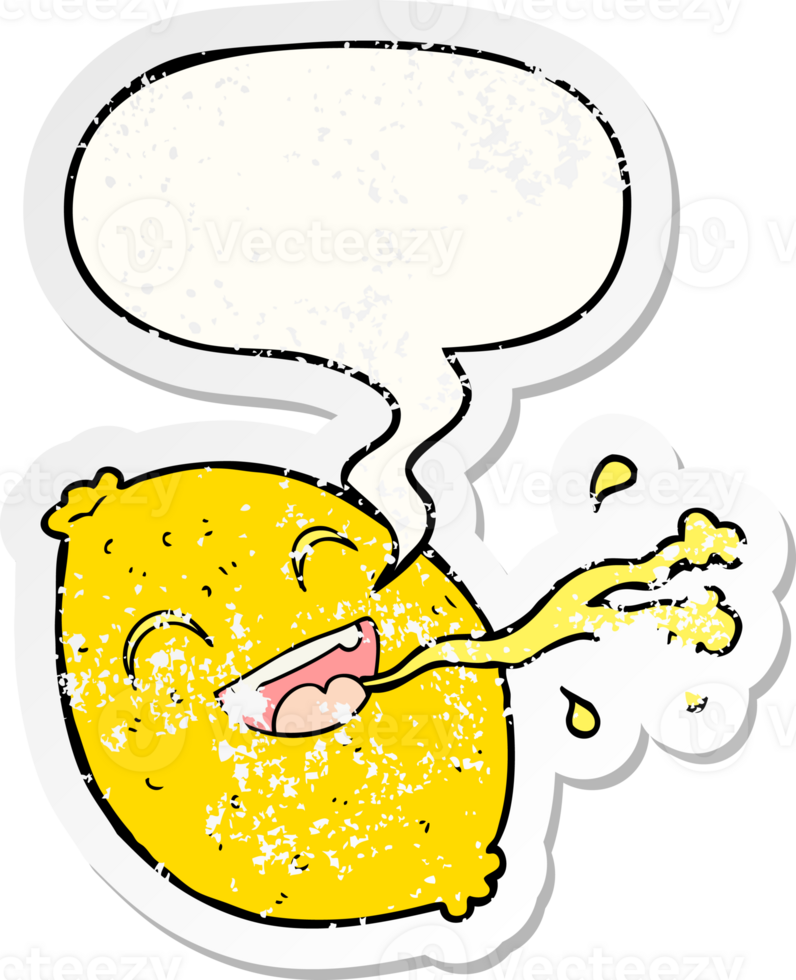 cartoon squirting lemon with speech bubble distressed distressed old sticker png